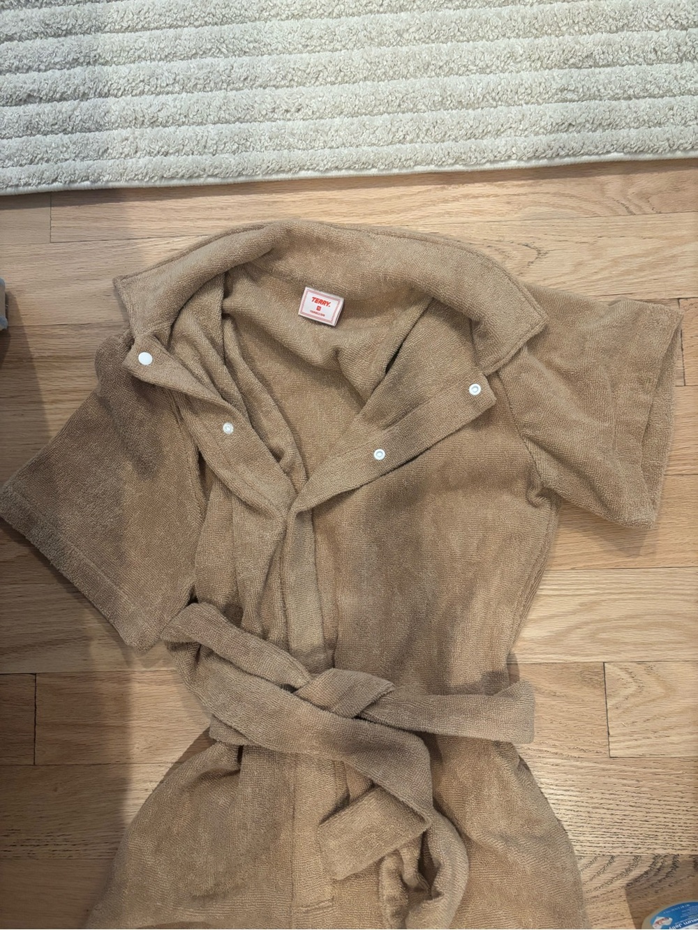 Terry Short-Sleeve Romper in Camel with Self-Tie Waist